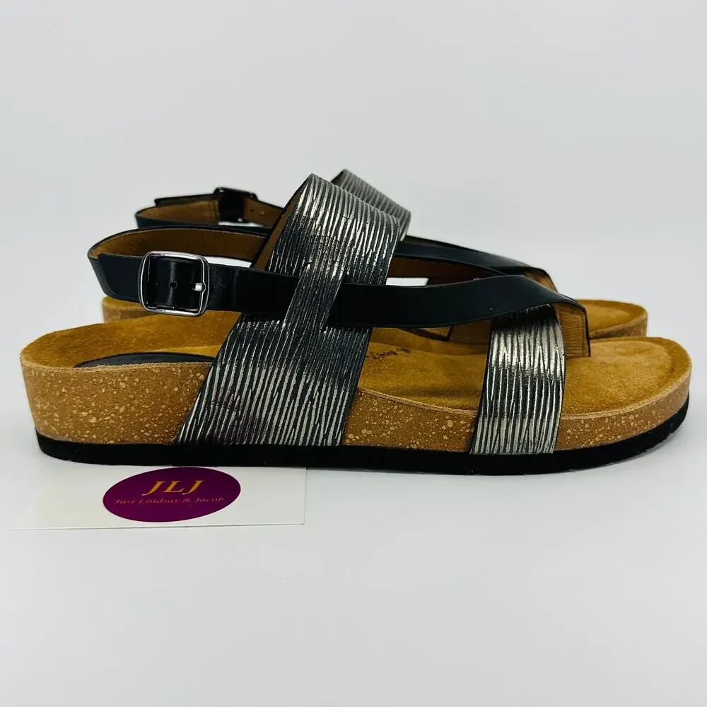 Sofft Women's Silver/Black Leather Adjustable Slingback Comfort Sandals Size 8.5